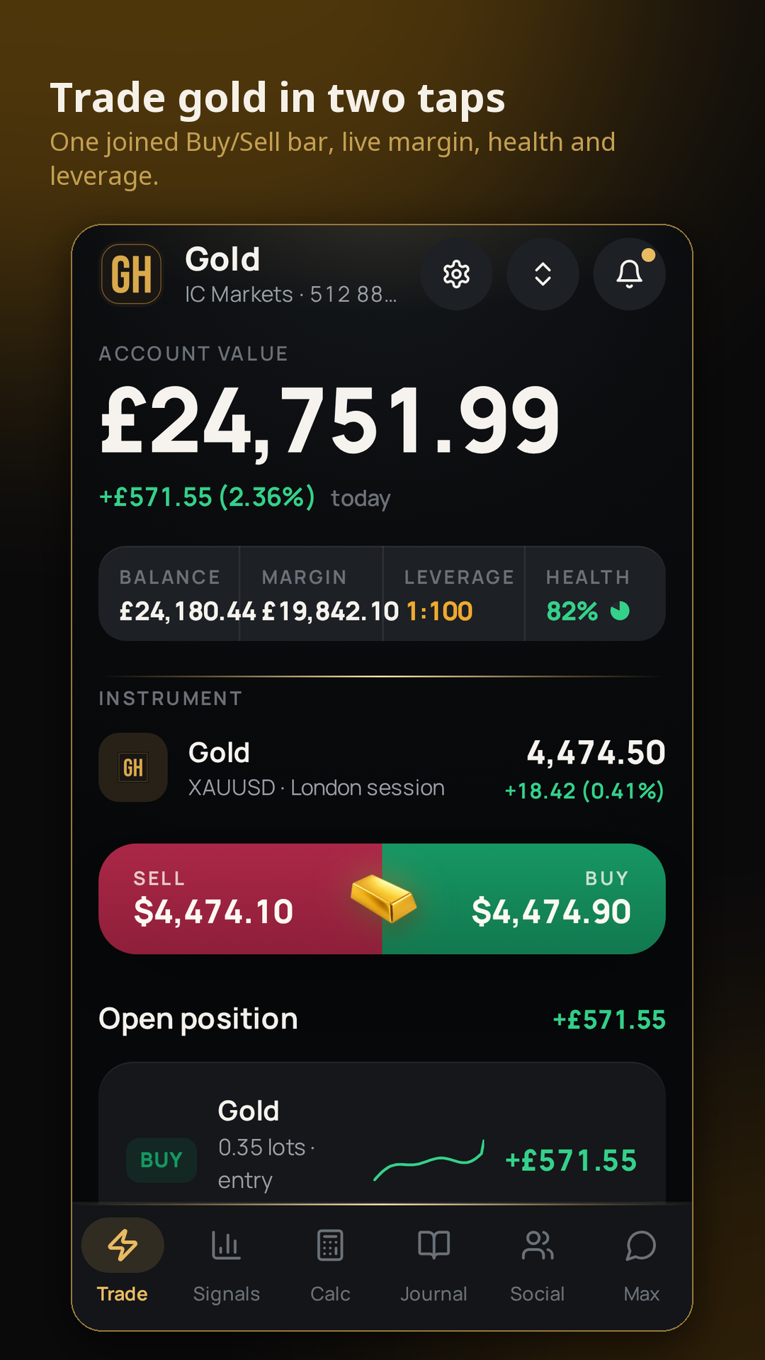 GoldHunts mobile app trade screen with a joined buy and sell bar for gold