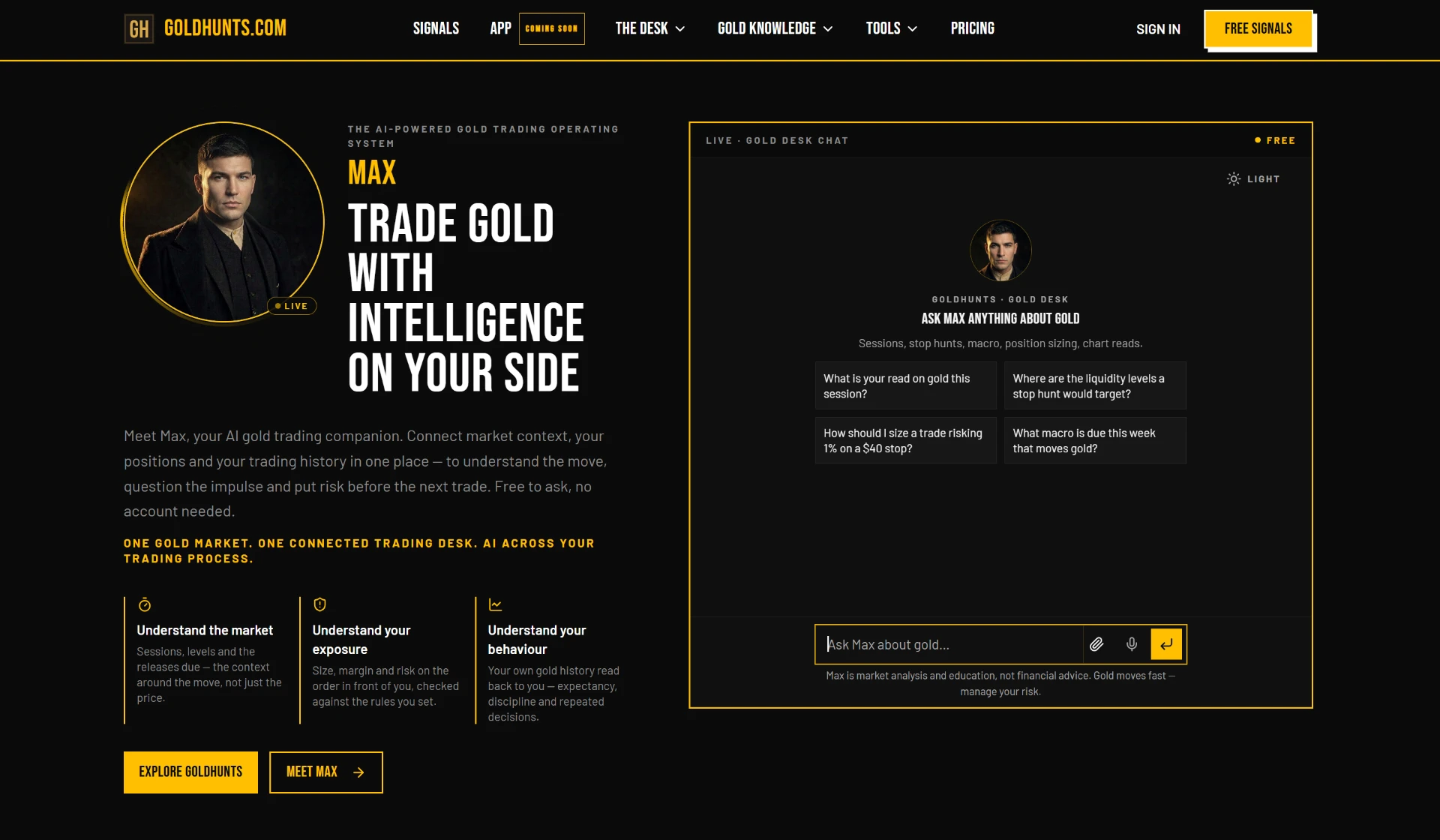 GoldHunts gold trading desk with Max, the AI gold trading companion, and the live gold desk chat