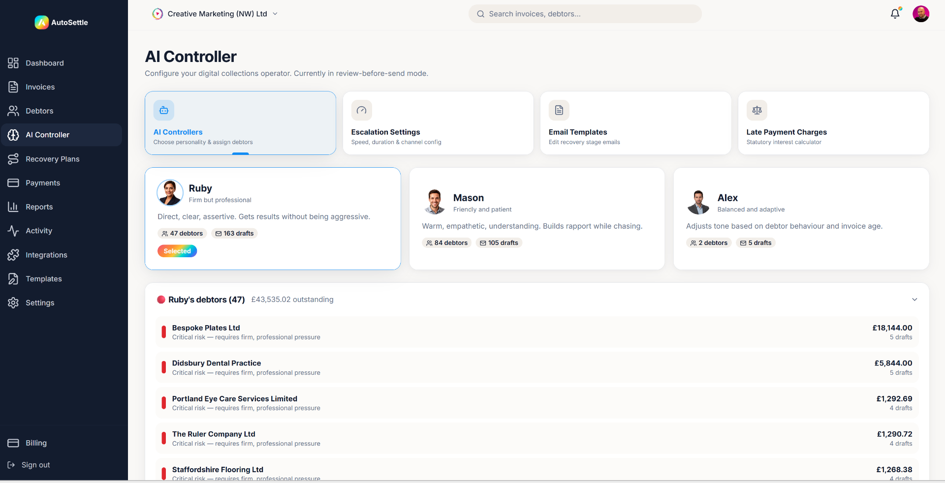 AutoSettle — AI controller personality selection with Ruby, Mason, and Alex