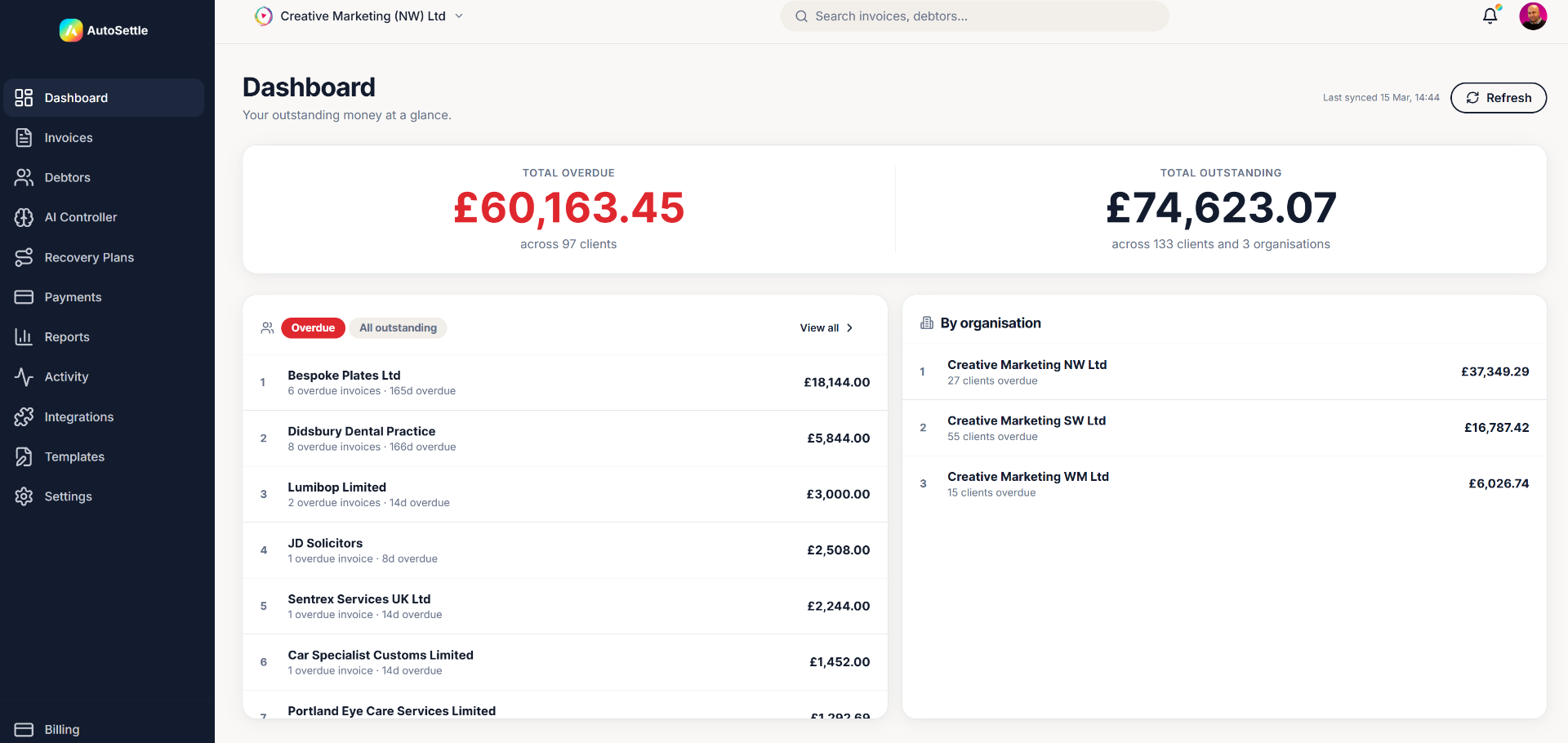 AutoSettle — dashboard showing overdue and outstanding invoices