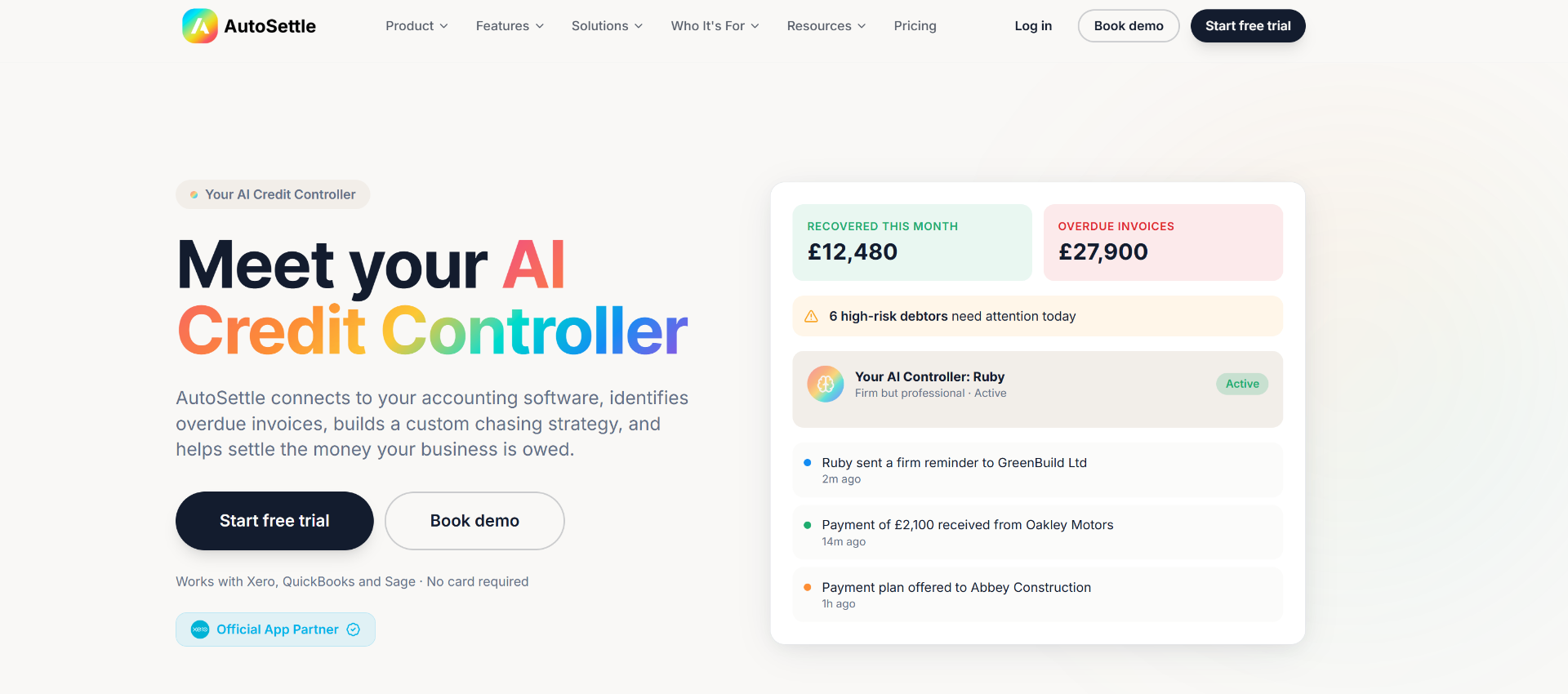 AutoSettle AI Credit Controller — dashboard showing recovered amounts, AI controller Ruby, and activity feed